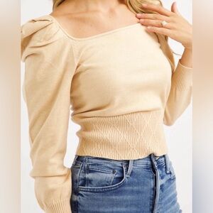 Lush long-sleeve knit top - square neckline, puff shoulders